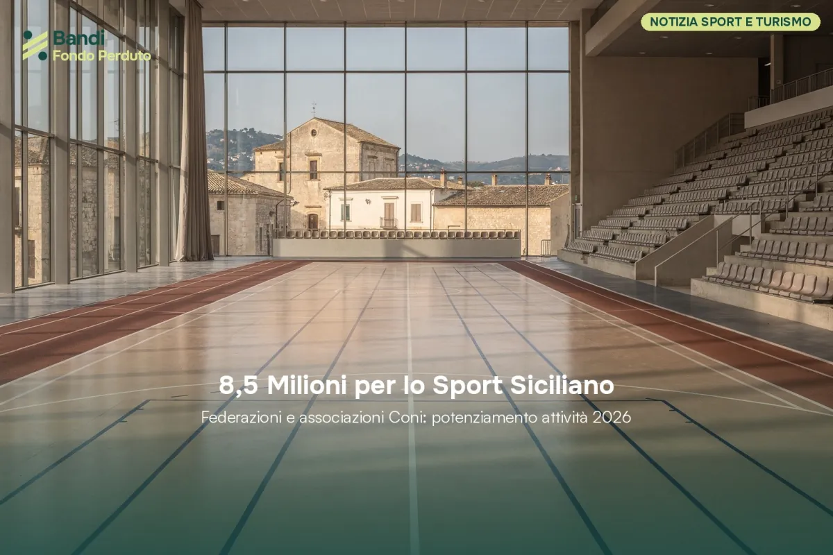 Atleti di diverse discipline sportive che celebrano insieme, con un campo da calcio e una pista da atletica sullo sfondo e il logo della Regione Sicilia.