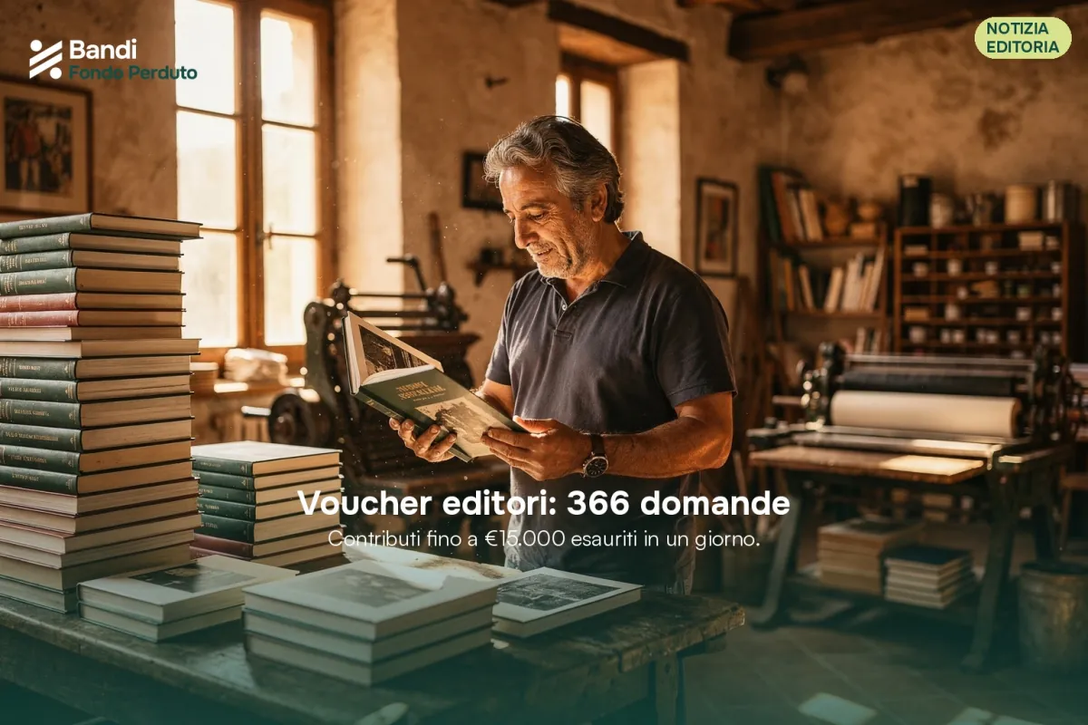 Libri impilati con una lente d'ingrandimento, che simboleggiano l'editoria e l'analisi dei bandi di finanziamento per il settore.