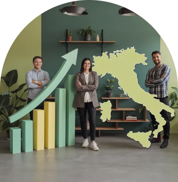 Tre professionisti davanti a una cartina dell’Italia con un grafico a barre in crescita