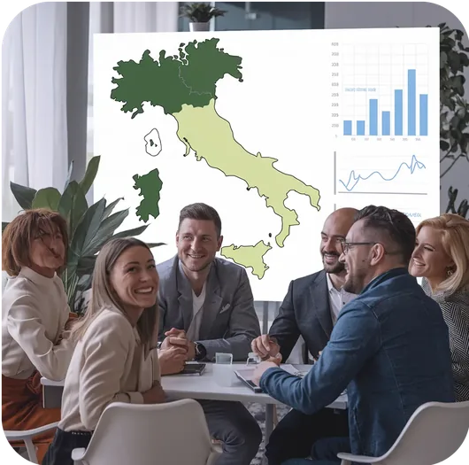 Persone riunite attorno a un tavolo davanti a una cartina dell’Italia con un grafico