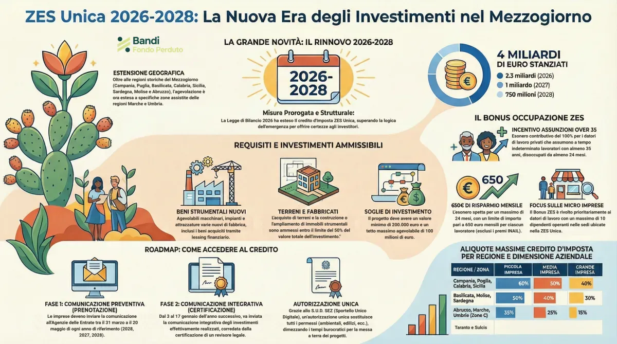Infografica ZES Unica 2026-2028, la nuova era degli investimenti nel Mezzogiorno: 4 miliardi di euro stanziati in tre anni, requisiti e investimenti ammissibili, bonus occupazione, tabella delle aliquote massime del credito d'imposta per regione e dimensione aziendale, tappe per accedere al credito.